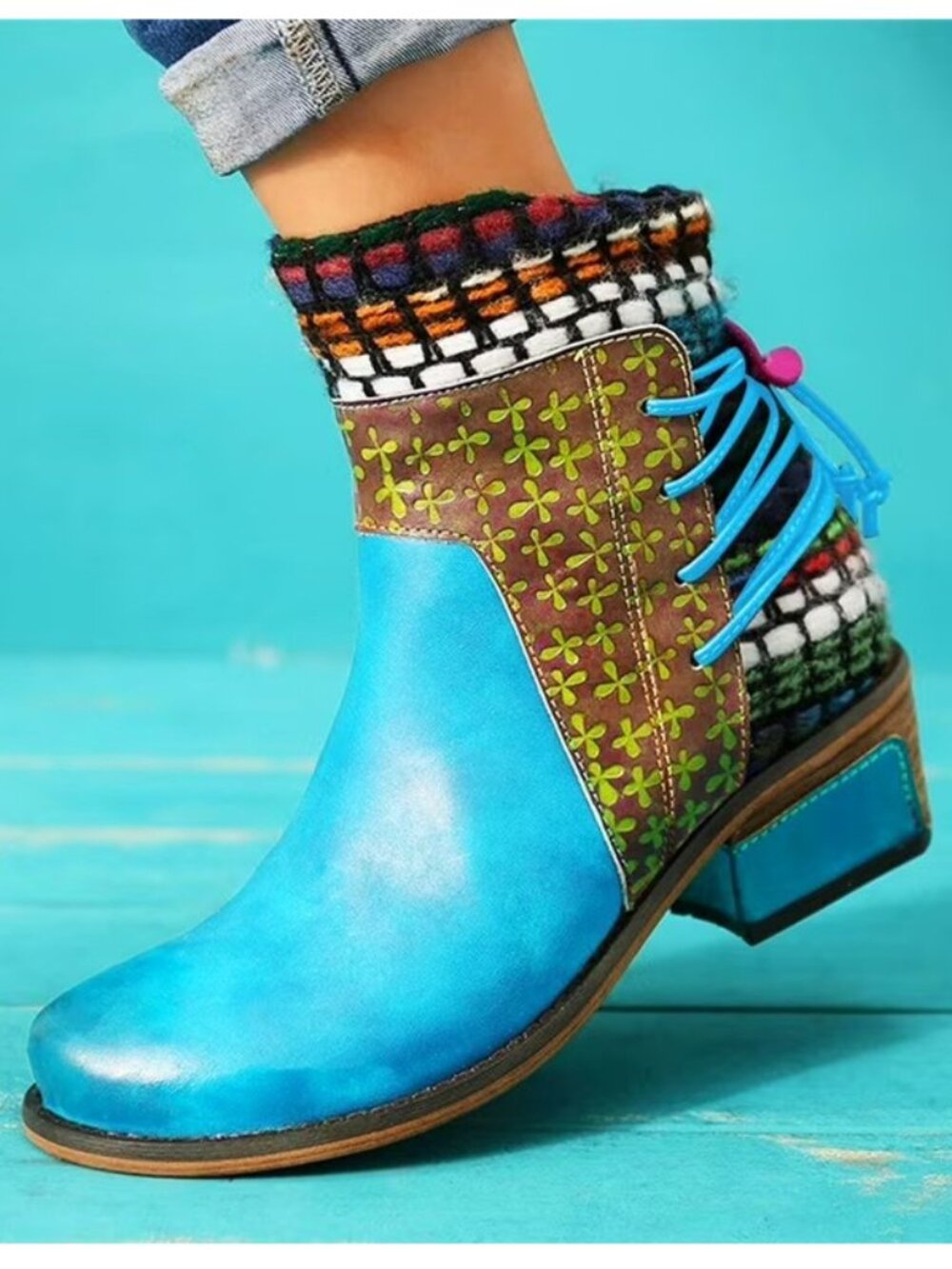 Socofy Boho Retro Embellished Turquoise Patchwork Ankle Boots Size 7.5